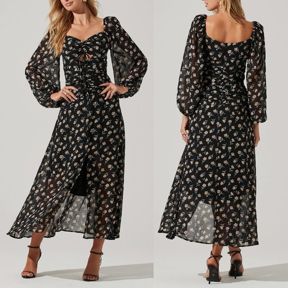 Astr Dresses & Skirts - Astr The Label Long Sleeve Sweetheart Neck Midi Maxi Dress Black Floral L $140